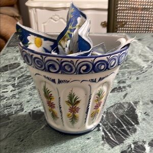 Floral Ceramic Planter with Blue Accents